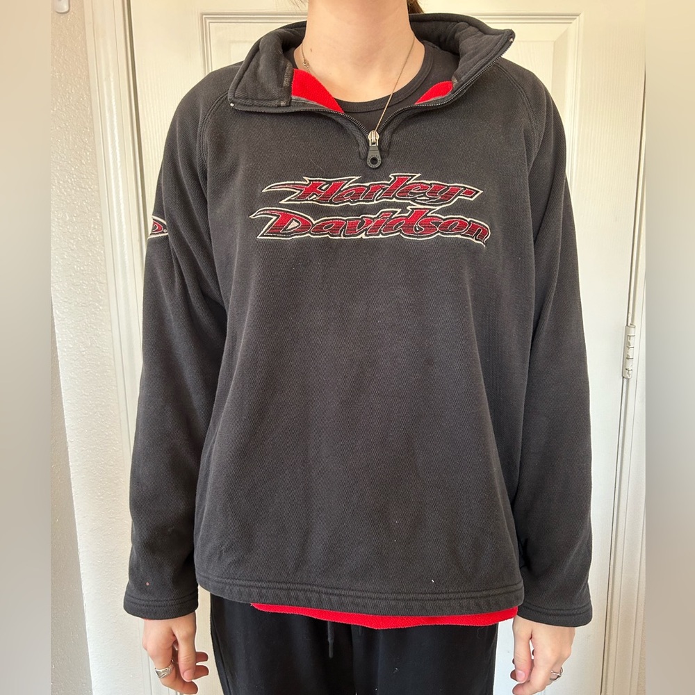 Bradley Davidson quarter zip sweatshirt with red and black lettering